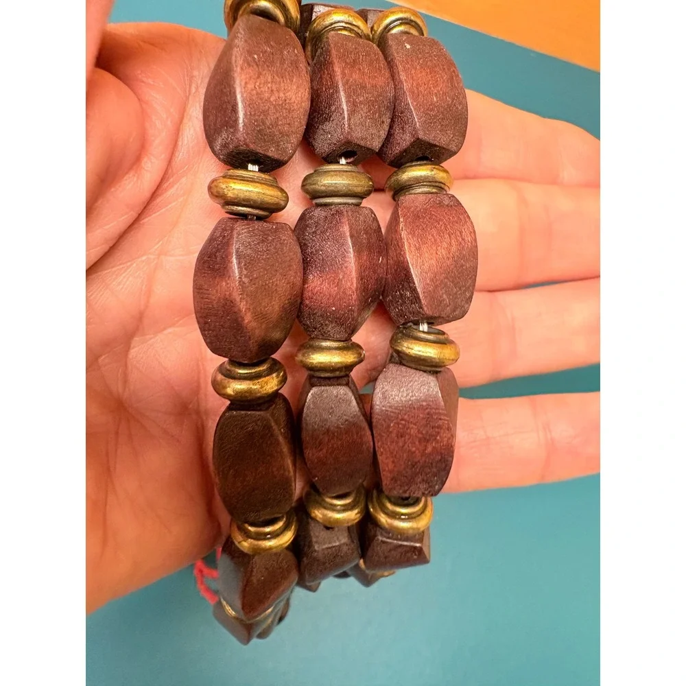 Coldwater Creek Red Seed Bead Chunky Brown Wood Multistrand Statement Necklace